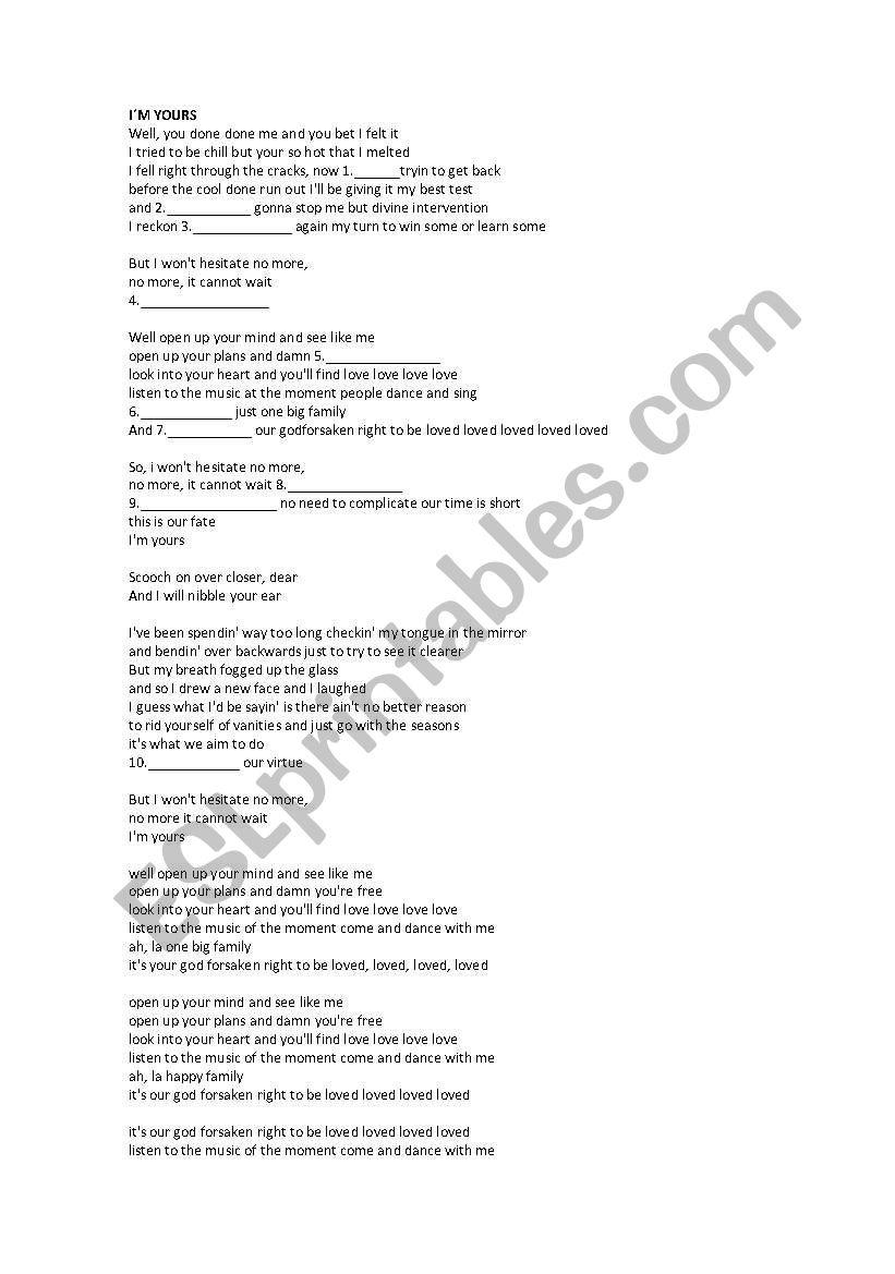 I`m yours song worksheet